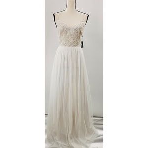 Adrianna Papell  NWT White Beaded Bodice Spaghetti Strap Tulle Layer Dress,